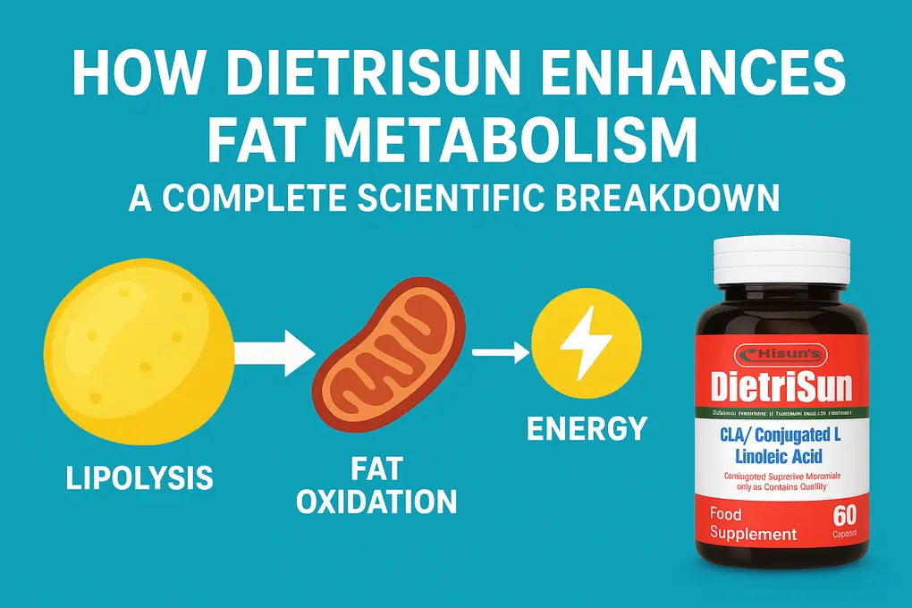 A scientific 2D banner illustrating the fat metabolism process with arrows showing stored fat breaking into fatty acids, entering mitochondria via carnitine, and converting into energy. A DietriSun capsule appears on the right side with the title “How DietriSun Enhances Fat Metabolism: A Complete Scientific Breakdown.”
