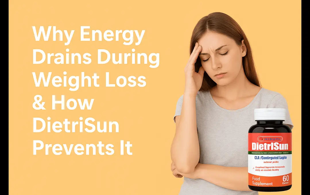 A tired young woman holding her head with a stressed expression stands next to a bottle of DietriSun supplement, with the text “Why Energy Drains During Weight Loss & How DietriSun Prevents It” displayed on a peach-colored background.