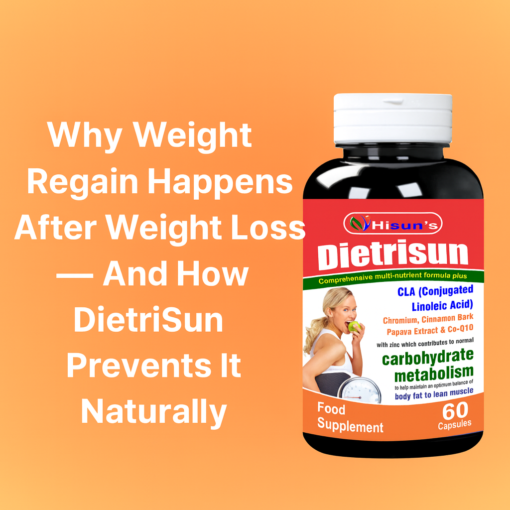 “Promotional banner for DietriSun weight-loss supplement featuring the product bottle, a woman celebrating weight loss success, and the headline ‘Why Weight Regain Happens After Weight Loss — And How DietriSun Prevents It Naturally.’ The design highlights long-term fat-loss benefits.”