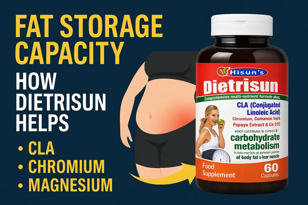 Dietrisun dietary supplement bottle shown next to a midsection illustration, highlighting fat storage capacity and benefits of CLA, Chromium, and Magnesium.